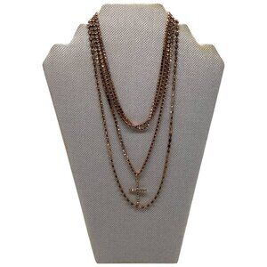Layered Gold Tone Necklace‎ With Rhinestone Cross Pendant & Adjustable Chain